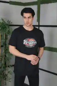 Erkek Baskılı T-Shirt Kısa Kol Bisiklet Yaka Regular Fit Rahat Kalıp Günlük Tişört - Siyah
