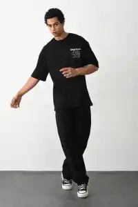 Erkek Kısa Kol Yazlık Tişört Bisiklet Yaka Baskılı Oversize T-Shirt - Siyah