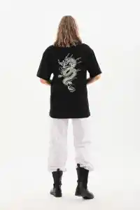 Kadın Kısa Kol Yazlık Tişört Bisiklet Yaka Ejderha Baskılı T-Shirt - Siyah