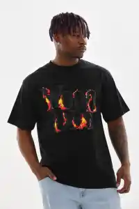 Erkek Baskılı T-Shirt Kısa Kol Bisiklet Yaka Rahat Kalıp Tişört - Siyah