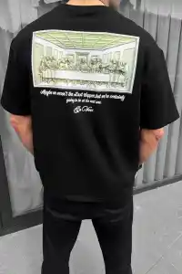Erkek Baskılı T-Shirt Kısa Kol Bisiklet Yaka Regular Fit Rahat Kalıp Günlük Tişört - Siyah
