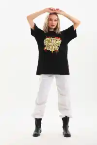 Kadın Kısa Kol Yazlık Tişört Bisiklet Yaka Ejderha Baskılı T-Shirt - Siyah