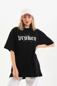 Kadın Kısa Kol Yazlık Tişört Bisiklet Yaka Baskılı Oversize T-Shirt - Siyah
