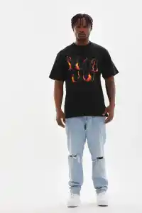 Erkek Baskılı T-Shirt Kısa Kol Bisiklet Yaka Rahat Kalıp Tişört - Siyah