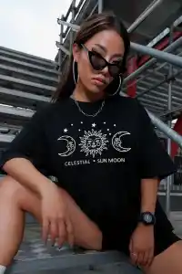 Kadın Baskılı T-Shirt Kısa Kol Bisiklet Yaka Oversize Rahat Kalıp Tişört - Siyah