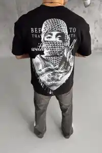 Erkek Kısa Kol Tişört Bisiklet Yaka Filistin Poşulu Baskılı T-Shirt - Siyah