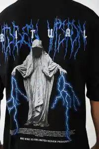Erkek Baskılı Oversize  Kısa kol T-Shirt - Siyah