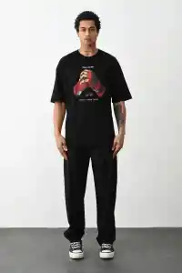 Erkek Boxy Eldiven Baskılı T-Shirt Kısa Kol Bisiklet Yaka Tişört - Siyah