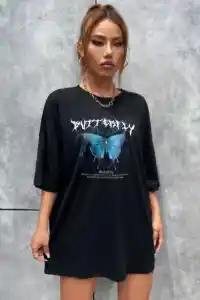 Kadın kelebek Baskılı Oversize kısa kol T-Shirt - Siyah
