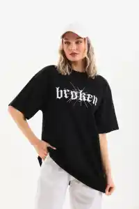 Kadın Kısa Kol Yazlık Tişört Bisiklet Yaka Baskılı Oversize T-Shirt - Siyah