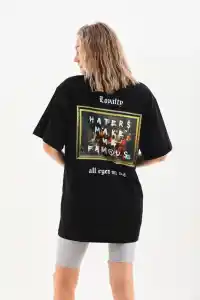 Kadın Kısa Kol Yazlık Tişört Bisiklet Yaka Baskılı Oversize T-Shirt - Siyah