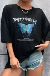 Kadın kelebek Baskılı Oversize kısa kol T-Shirt - Siyah