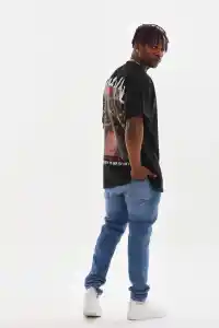 Erkek Baskılı T-Shirt Kısa Kol Bisiklet Yaka Rahat Kalıp Tişört  - Siyah