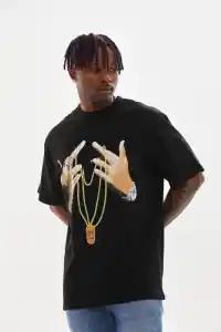 Erkek Baskılı T-Shirt Kısa Kol Bisiklet Yaka Rahat Kalıp Günlük Tişört - Siyah