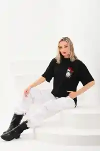 Kadın Kısa Kol Yazlık Tişört Bisiklet Yaka Baskılı Oversize T-Shirt - Siyah