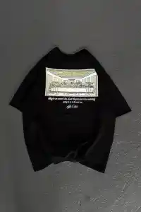 Erkek Baskılı T-Shirt Kısa Kol Bisiklet Yaka Regular Fit Rahat Kalıp Günlük Tişört - Siyah
