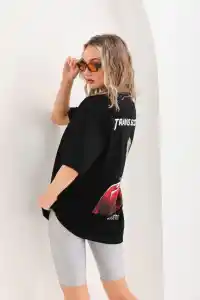 Kadın Baskılı T-Shirt Kısa Kol Bisiklet Yaka Oversize Rahat Kalıp Günlük Tişört - Siyah