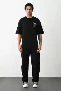 Erkek Kısa Kol Yazlık Tişört Bisiklet Yaka Baskılı Oversize T-Shirt - Siyah