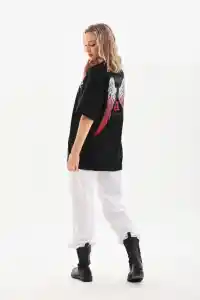 Kadın Baskılı Tişört Kısa Kol Bisiklet Yaka Oversize T-Shirt - Siyah