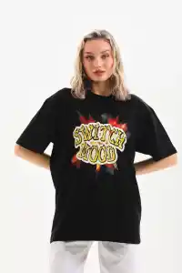 Kadın Kısa Kol Yazlık Tişört Bisiklet Yaka Ejderha Baskılı T-Shirt - Siyah