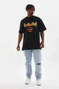Erkek Baskılı T-Shirt Kısa Kol Bisiklet Yaka Rahat Kalıp Tişört - Siyah