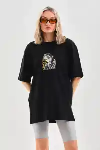 Kadın Baskılı T-Shirt Kısa Kol Bisiklet Yaka Oversize Rahat Kalıp Günlük Tişört - Siyah