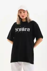 Kadın Kısa Kol Yazlık Tişört Bisiklet Yaka Baskılı Oversize T-Shirt - Siyah