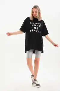 Kadın Kısa Kol Yazlık Tişört Bisiklet Yaka Baskılı Oversize T-Shirt - Siyah