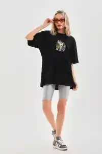 Kadın Baskılı T-Shirt Kısa Kol Bisiklet Yaka Oversize Rahat Kalıp Günlük Tişört - Siyah