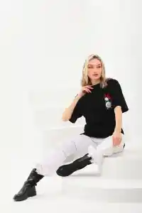 Kadın Kısa Kol Yazlık Tişört Bisiklet Yaka Baskılı Oversize T-Shirt - Siyah