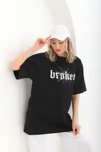Kadın Kısa Kol Yazlık Tişört Bisiklet Yaka Baskılı Oversize T-Shirt - Siyah