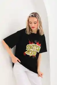 Kadın Kısa Kol Yazlık Tişört Bisiklet Yaka Ejderha Baskılı T-Shirt - Siyah