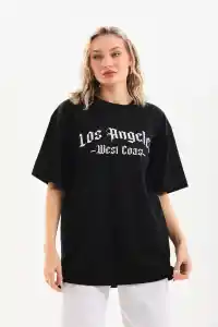 Kadın Baskılı Tişört Kısa Kol Bisiklet Yaka Oversize T-Shirt - Siyah