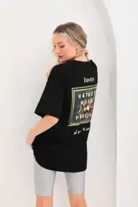 Kadın Kısa Kol Yazlık Tişört Bisiklet Yaka Baskılı Oversize T-Shirt - Siyah