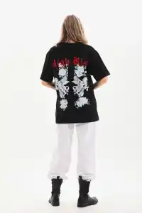 Kadın Kısa Kol Yazlık Tişört Bisiklet Yaka Baskılı Oversize T-Shirt - Siyah