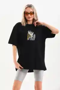 Kadın Baskılı T-Shirt Kısa Kol Bisiklet Yaka Oversize Rahat Kalıp Günlük Tişört - Siyah