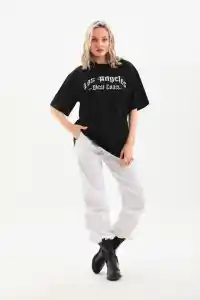 Kadın Baskılı Tişört Kısa Kol Bisiklet Yaka Oversize T-Shirt - Siyah