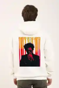 Erkek 3 İplik Pamuklu Kapüşonlu Baskılı Cepli Oversize Sweatshirt Hoodie - Beyaz