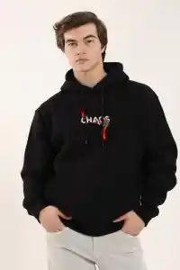 Erkek 3 İplik Pamuklu Kapüşonlu Baskılı Cepli Oversize Sweatshirt Hoodie - Siyah