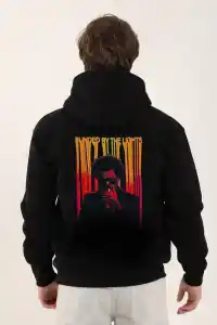 Erkek 3 İplik Pamuklu Kapüşonlu Baskılı Cepli Oversize Sweatshirt Hoodie - Siyah