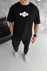 Erkek Kısa Kol Yazlık Tişört Bisiklet Yaka Baskılı Oversize T-Shirt - Siyah