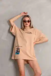 kadın Bisiklet Yaka Baskılı Oversize Kısa kol T-Shirt - Bej