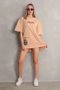 kadın Bisiklet Yaka Baskılı Oversize Kısa kol T-Shirt - Bej
