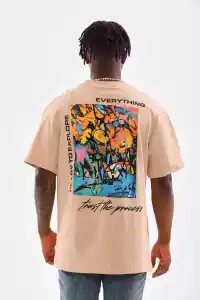 Erkek  Bisiklet Yaka Baskılı Oversize T-Shirt - Bej