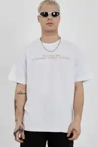 Erkek Bisiklet Yaka Tişort Baskılı Oversize kısa kol T-Shirt - Beyaz