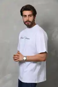 Erkek Bisiklet Yaka Baskılı Kısa Kol  T-Shirt - Beyaz