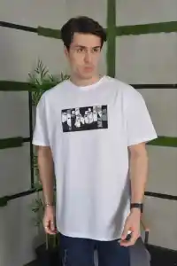 Erkek Kısa Kol Yazlık Tişört Bisiklet Yaka Baskılı Oversize T-Shirt - Beyaz