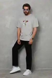 Erkek Baskılı T-Shirt Kısa Kol Bisiklet Yaka Regular Fit Rahat Kalıp Tişört -  Gri