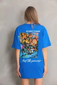 kadın Bisiklet Yaka Baskılı Oversize T-Shirt - Mavi