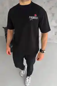 Erkek Kısa Kol Yazlık Tişört Bisiklet Yaka Baskılı Oversize T-Shirt - Siyah